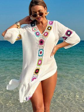 Swim Vcay Roupas de Verão para Mulheres, Vestido Túnica Solto com Decote em V, Manga 3/4, Flor de Crochê em Cor Aleatória, Fenda Lateral, Ideal para Praia e Férias de Verão