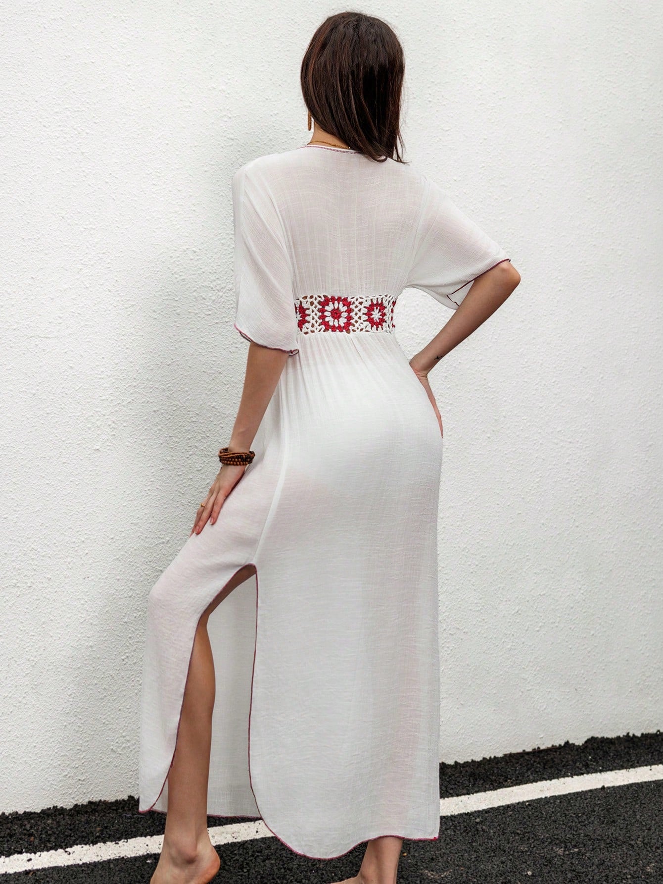 Swim Vcay Vestidos de Praia para Mulheres, Vestido com Manga Morcego, Recortes em Crochê e Acabamento Contrastante, Verão