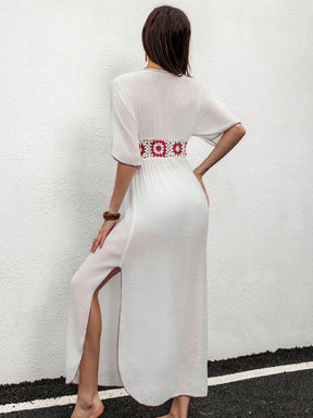 Swim Vcay Vestidos de Praia para Mulheres, Vestido com Manga Morcego, Recortes em Crochê e Acabamento Contrastante, Verão
