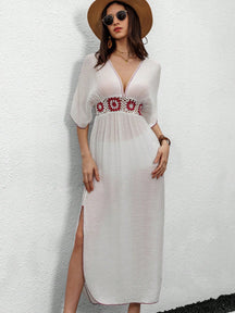 Swim Vcay Vestidos de Praia para Mulheres, Vestido com Manga Morcego, Recortes em Crochê e Acabamento Contrastante, Verão