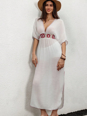 Swim Vcay Vestidos de Praia para Mulheres, Vestido com Manga Morcego, Recortes em Crochê e Acabamento Contrastante, Verão