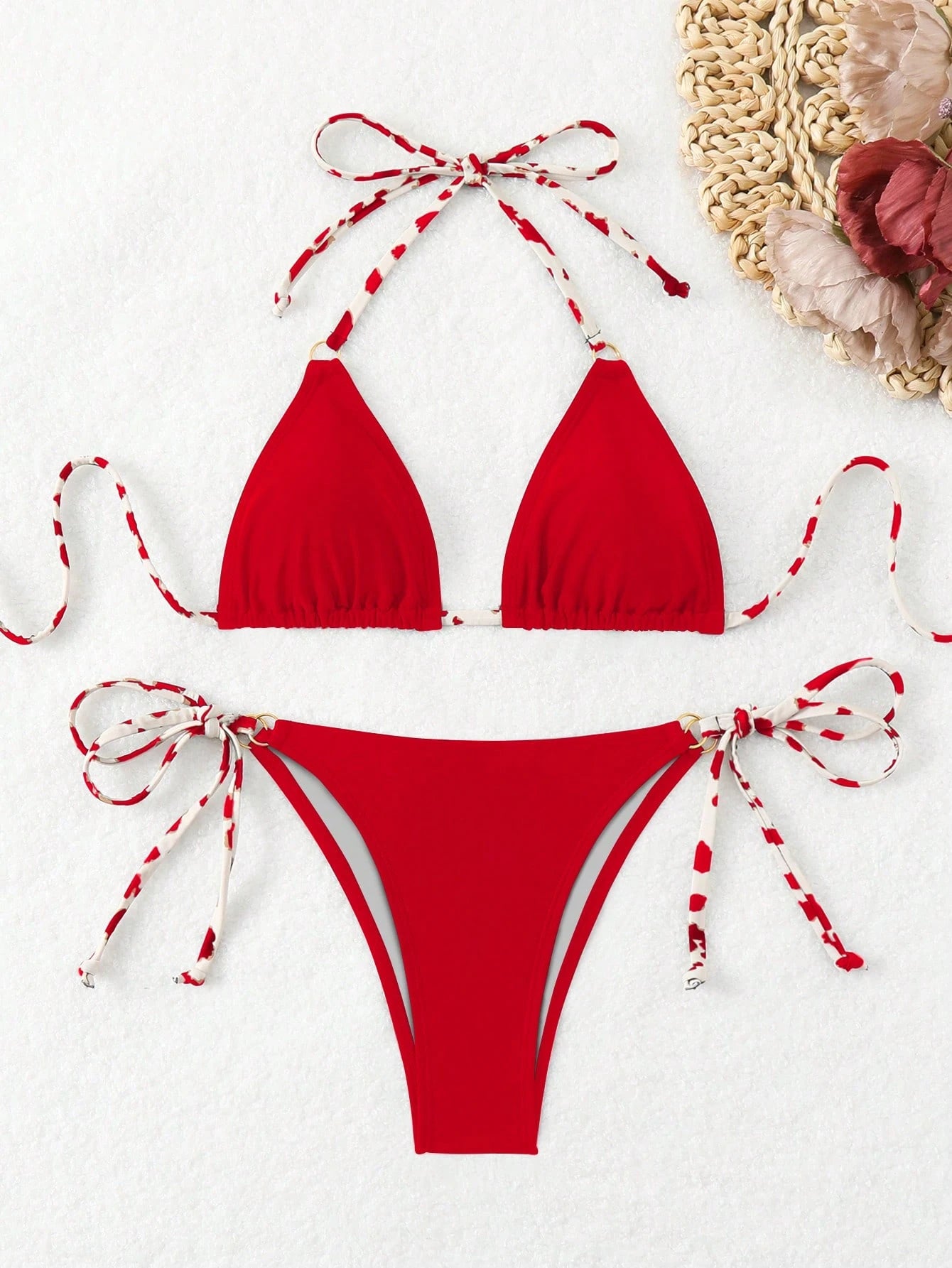 SHEIN Swim Conjunto de Maiô Bikini Estampado Aleatório, Decote em Halter, Costas Vazadas, Sensual, Praia de Verão