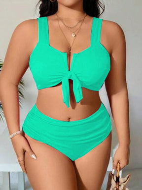 SHEIN Swim Curve 2 Peças/Conjunto Maiô Bikini com Fita Ajustável e Laço em Marrom Plus Size, Verão