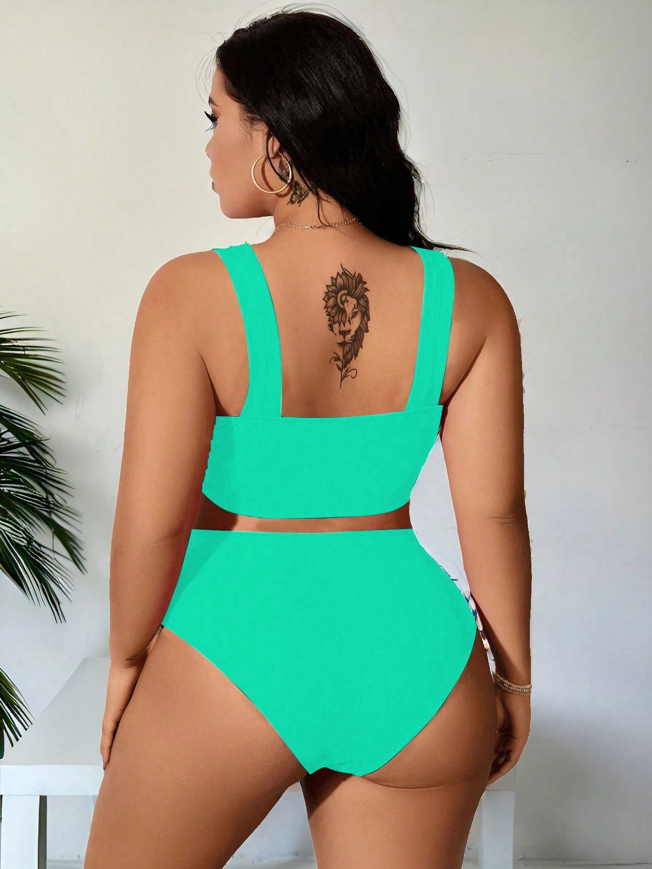 SHEIN Swim Curve 2 Peças/Conjunto Maiô Bikini com Fita Ajustável e Laço em Marrom Plus Size, Verão