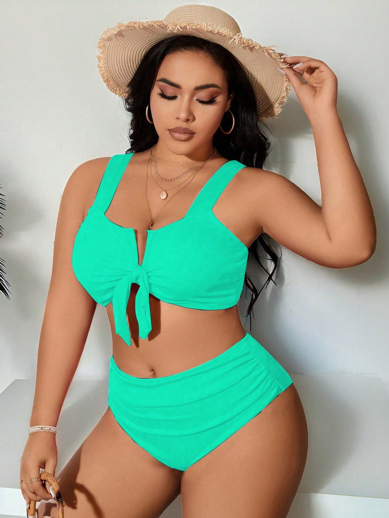 SHEIN Swim Curve 2 Peças/Conjunto Maiô Bikini com Fita Ajustável e Laço em Marrom Plus Size, Verão