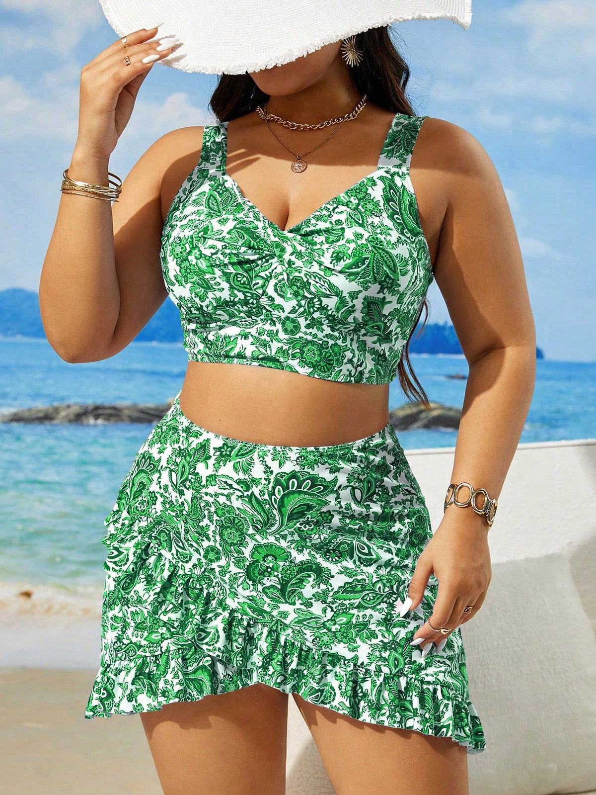 Swim Lushoire Maiô Tankini de Uso Diário Simples com Estampa Aleatória, Plus Size, Verão