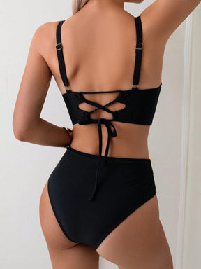 Conjunto de Maiô Bikini Feminino de Verão com Alças Ajustáveis, Tecido Trançado e Armação de Aço