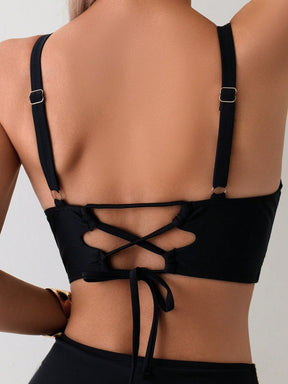 Conjunto de Maiô Bikini Feminino de Verão com Alças Ajustáveis, Tecido Trançado e Armação de Aço