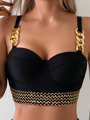 Conjunto de Maiô Bikini Feminino de Verão com Alças Ajustáveis, Tecido Trançado e Armação de Aço