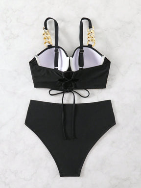Conjunto de Maiô Bikini Feminino de Verão com Alças Ajustáveis, Tecido Trançado e Armação de Aço