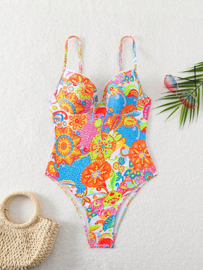 Maiô feminino de uma peça com estampa aleatória, efeito realçador, sexy, fofo para praia, férias, verão