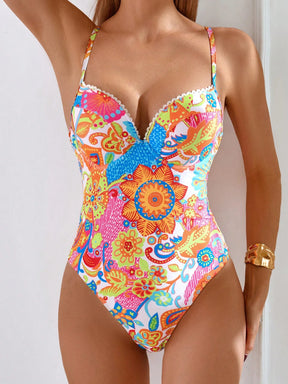Maiô feminino de uma peça com estampa aleatória, efeito realçador, sexy, fofo para praia, férias, verão