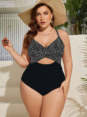 SHEIN Swim Curve Maiô Elegante e Sexy com Twist e Recorte, Plus Size, Adequado para Férias de Verão