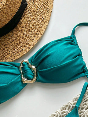 SHEIN Swim Conjunto de Maiô Bikini Feminino Strapless de Verão Solid Color com Amarração e Decoração Metálica, Sexy