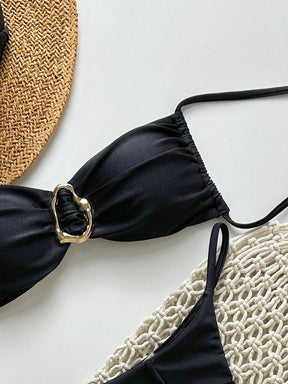 SHEIN Swim Conjunto de Maiô Bikini Feminino Strapless de Verão Solid Color com Amarração e Decoração Metálica, Sexy