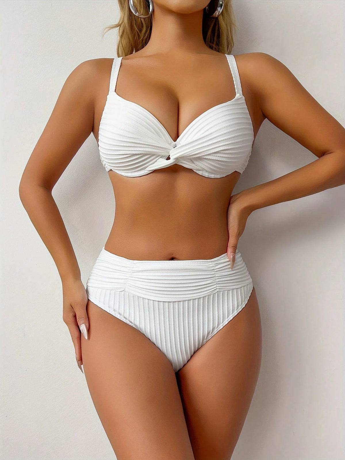 Maiô Bikini de Copo Duro com Textura de Cor Sólida, Moda Minimalista Casual Uso Diário de Verão