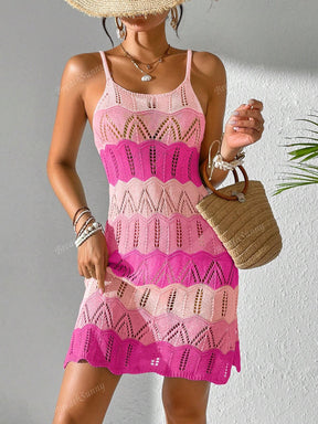 Vestido Tricô Vazado Recorte Colorido Contrastante, Vestido Boêmio Feminino de Verão para Férias na Praia