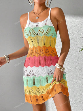 Vestido Tricô Vazado Recorte Colorido Contrastante, Vestido Boêmio Feminino de Verão para Férias na Praia