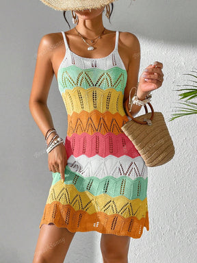 Vestido Tricô Vazado Recorte Colorido Contrastante, Vestido Boêmio Feminino de Verão para Férias na Praia