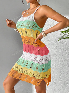 Vestido Tricô Vazado Recorte Colorido Contrastante, Vestido Boêmio Feminino de Verão para Férias na Praia