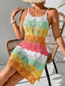 Vestido Tricô Vazado Recorte Colorido Contrastante, Vestido Boêmio Feminino de Verão para Férias na Praia