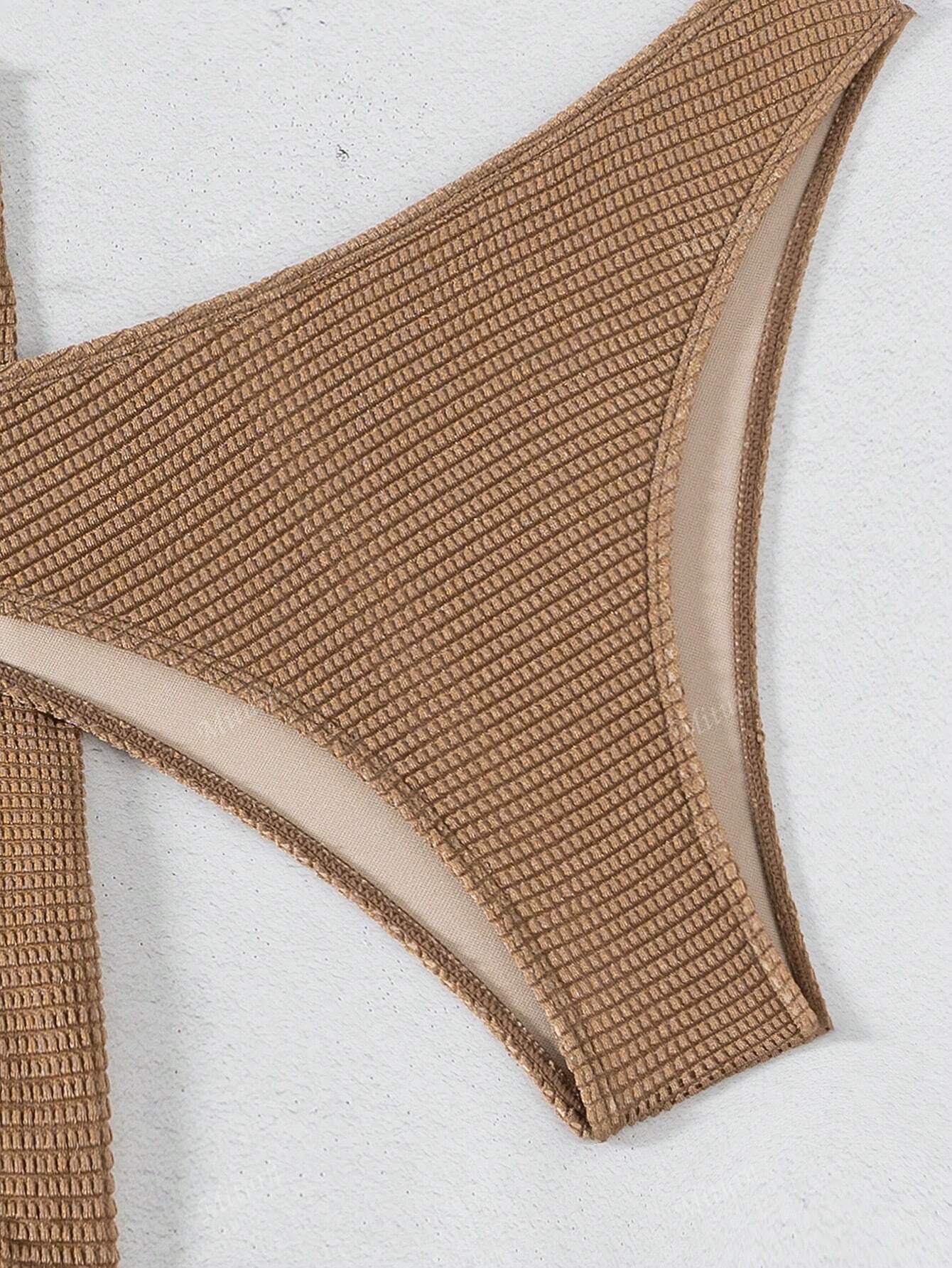 3 Peças Novo Conjunto de Maiô Bikini Fashion Sexy Cor Sólida em Marrom, Para Praia de Verão para Mulheres, Conjunto de Sutiã de Alça e Parte Inferior de Maiô Bikini