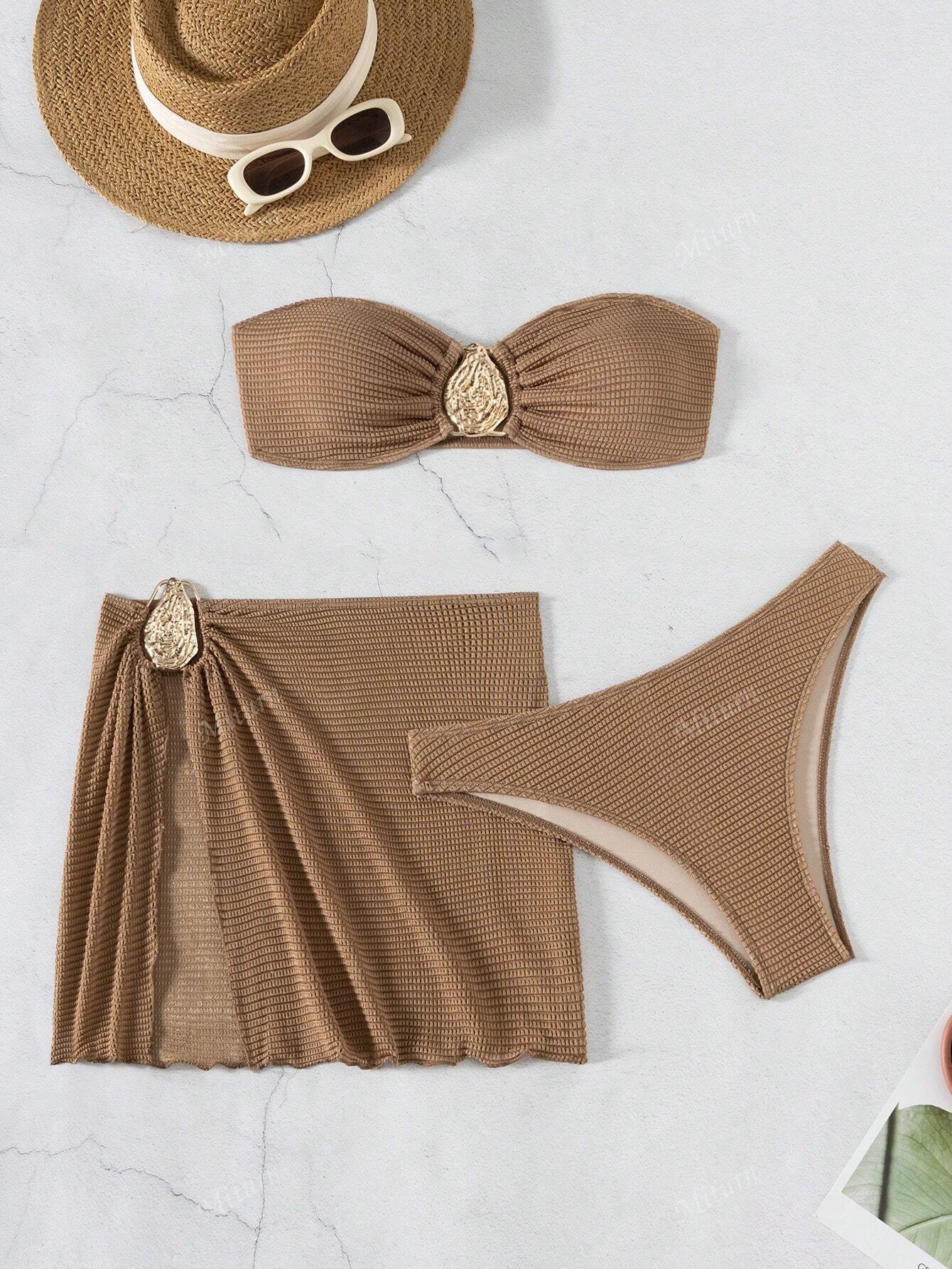 3 Peças Novo Conjunto de Maiô Bikini Fashion Sexy Cor Sólida em Marrom, Para Praia de Verão para Mulheres, Conjunto de Sutiã de Alça e Parte Inferior de Maiô Bikini