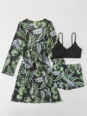 SHEIN Swim Conjunto de Maiô Bikini com alças finas e estampa contrastante de praia tropical de verão e quimono com estampa tropical