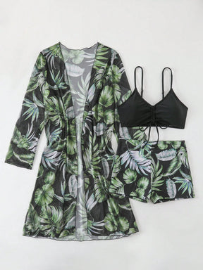 SHEIN Swim Conjunto de Maiô Bikini com alças finas e estampa contrastante de praia tropical de verão e quimono com estampa tropical