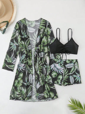 SHEIN Swim Conjunto de Maiô Bikini com alças finas e estampa contrastante de praia tropical de verão e quimono com estampa tropical