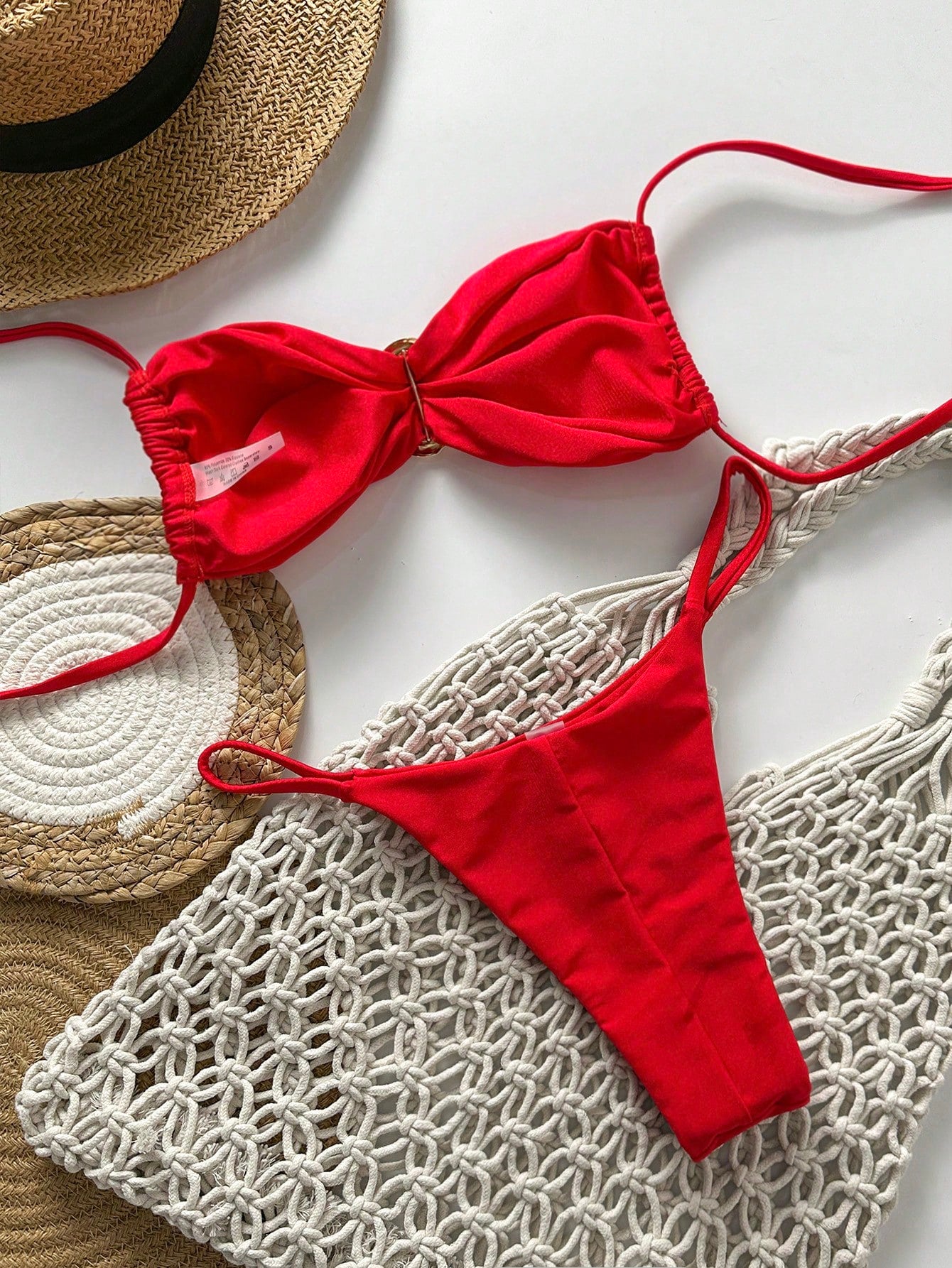 SHEIN Swim Conjunto de Maiô Bikini Feminino Strapless de Verão Solid Color com Amarração e Decoração Metálica, Sexy