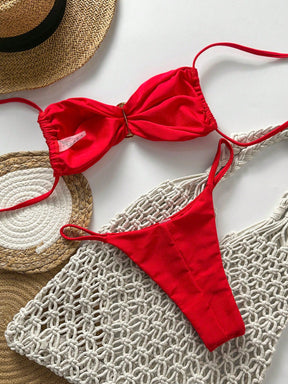 SHEIN Swim Conjunto de Maiô Bikini Feminino Strapless de Verão Solid Color com Amarração e Decoração Metálica, Sexy