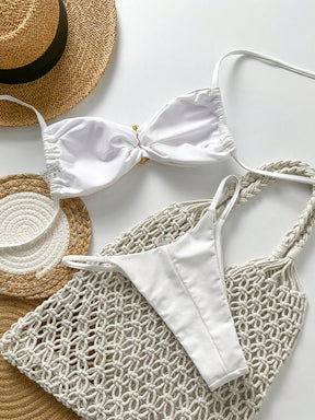 SHEIN Swim Conjunto de Maiô Bikini Feminino Strapless de Verão Solid Color com Amarração e Decoração Metálica, Sexy