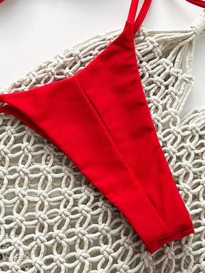 SHEIN Swim Conjunto de Maiô Bikini Feminino Strapless de Verão Solid Color com Amarração e Decoração Metálica, Sexy