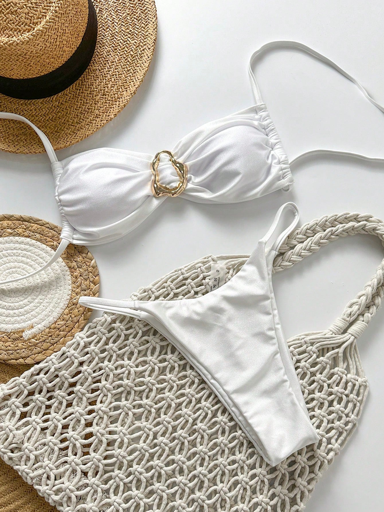 SHEIN Swim Conjunto de Maiô Bikini Feminino Strapless de Verão Solid Color com Amarração e Decoração Metálica, Sexy