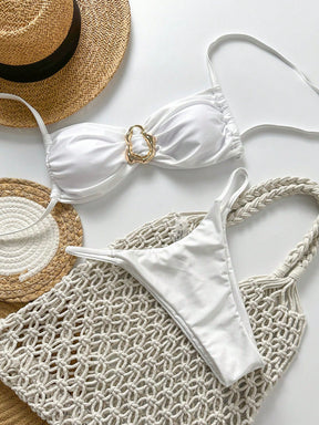 SHEIN Swim Conjunto de Maiô Bikini Feminino Strapless de Verão Solid Color com Amarração e Decoração Metálica, Sexy