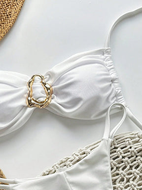 SHEIN Swim Conjunto de Maiô Bikini Feminino Strapless de Verão Solid Color com Amarração e Decoração Metálica, Sexy