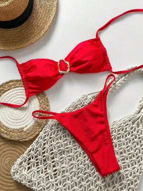 SHEIN Swim Conjunto de Maiô Bikini Feminino Strapless de Verão Solid Color com Amarração e Decoração Metálica, Sexy