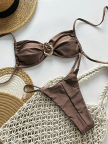 SHEIN Swim Conjunto de Maiô Bikini Feminino Strapless de Verão Solid Color com Amarração e Decoração Metálica, Sexy