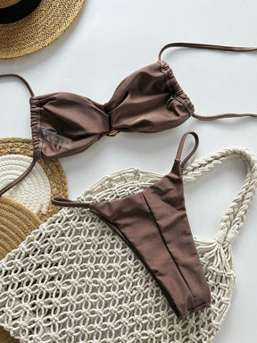 SHEIN Swim Conjunto de Maiô Bikini Feminino Strapless de Verão Solid Color com Amarração e Decoração Metálica, Sexy