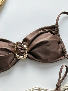 SHEIN Swim Conjunto de Maiô Bikini Feminino Strapless de Verão Solid Color com Amarração e Decoração Metálica, Sexy