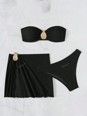 3 Peças Novo Conjunto de Maiô Bikini Fashion Sexy Cor Sólida em Marrom, Para Praia de Verão para Mulheres, Conjunto de Sutiã de Alça e Parte Inferior de Maiô Bikini