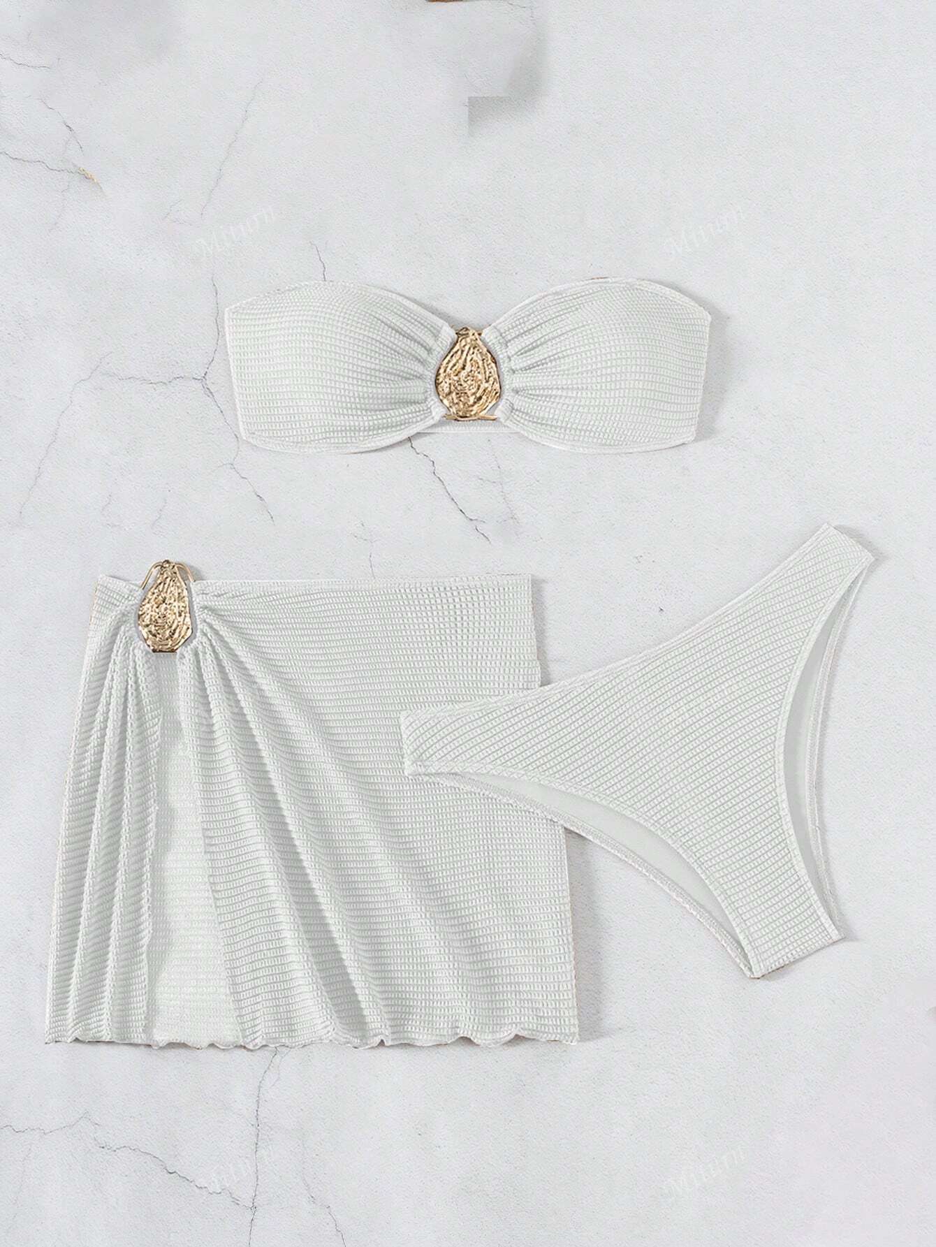 3 Peças Novo Conjunto de Maiô Bikini Fashion Sexy Cor Sólida em Marrom, Para Praia de Verão para Mulheres, Conjunto de Sutiã de Alça e Parte Inferior de Maiô Bikini