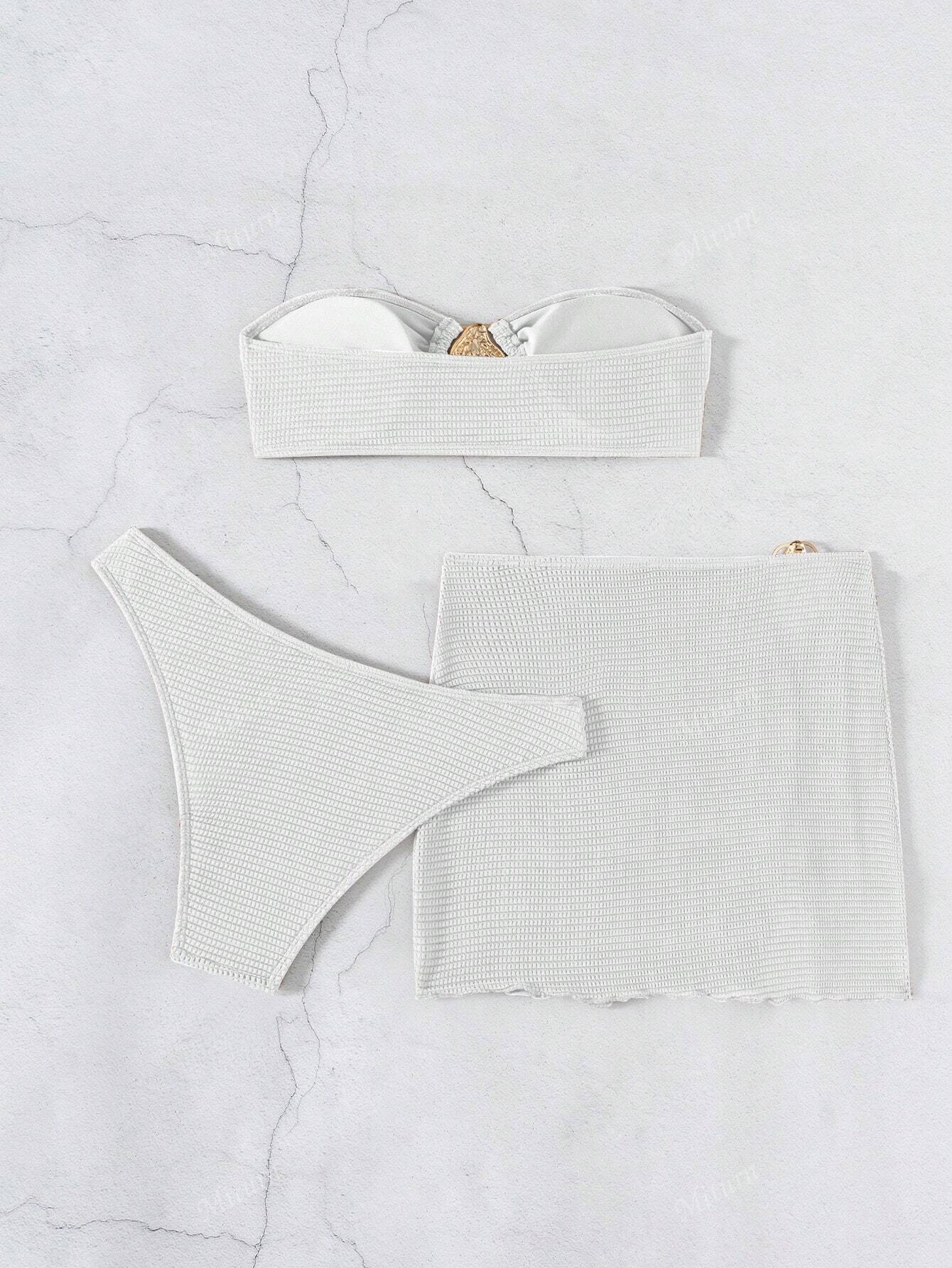 3 Peças Novo Conjunto de Maiô Bikini Fashion Sexy Cor Sólida em Marrom, Para Praia de Verão para Mulheres, Conjunto de Sutiã de Alça e Parte Inferior de Maiô Bikini