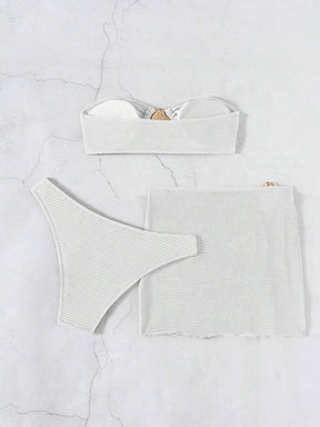 3 Peças Novo Conjunto de Maiô Bikini Fashion Sexy Cor Sólida em Marrom, Para Praia de Verão para Mulheres, Conjunto de Sutiã de Alça e Parte Inferior de Maiô Bikini