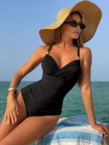 Swim Chiccia Maiô Elegante de Uma Peça, com Decor de Metal, Cordão na Cintura e Frente Cruzada, em Cor Sólida, Para Praia e Férias de Verão