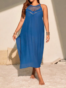 SHEIN VCAY Vestido Longo de Praia Plus Size Crochê Manual Vazado Sexy e Ajustado com Fenda Lateral, Leve