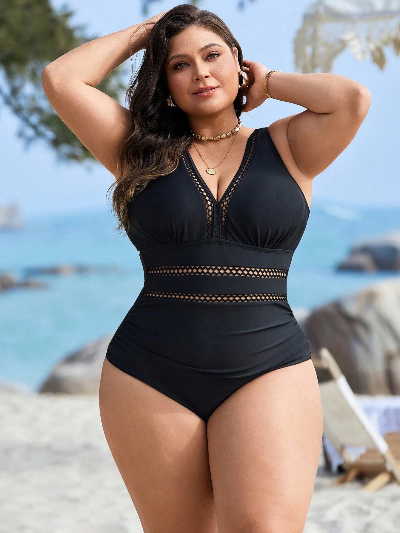 Swim Lushoire Maiô de uma peça com recortes na cintura, franzido, para férias, em cor sólida, para mulheres de Plus Size