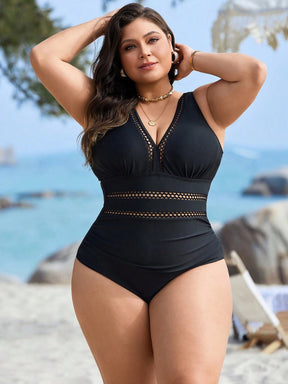 Swim Lushoire Maiô de uma peça com recortes na cintura, franzido, para férias, em cor sólida, para mulheres de Plus Size