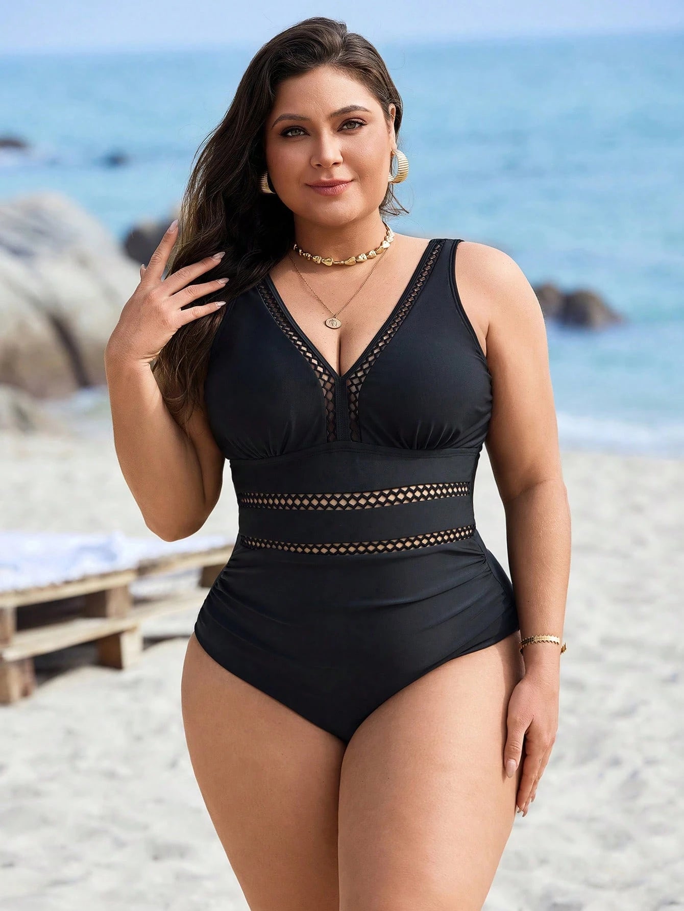 Swim Lushoire Maiô de uma peça com recortes na cintura, franzido, para férias, em cor sólida, para mulheres de Plus Size
